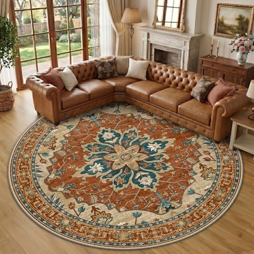 RELEANY Washable Area Rug, Round 10ft, Red/Orange/Blue/Brown by RELEANY