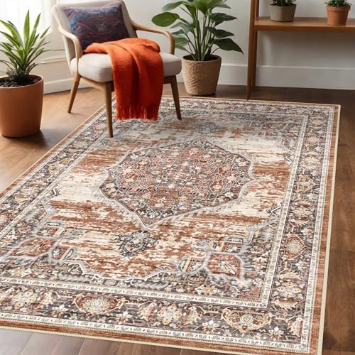 YOUFORTONG Area Rug 3x5 for Living Room: Soft Ultra Thin Low Pile Mat Machine Washable Indoor Doormat Lightweight Entry Rug Anti Slip Backing Rugs for Bedroom Kitchen 3'x5' Brick by YOUFORTONG
