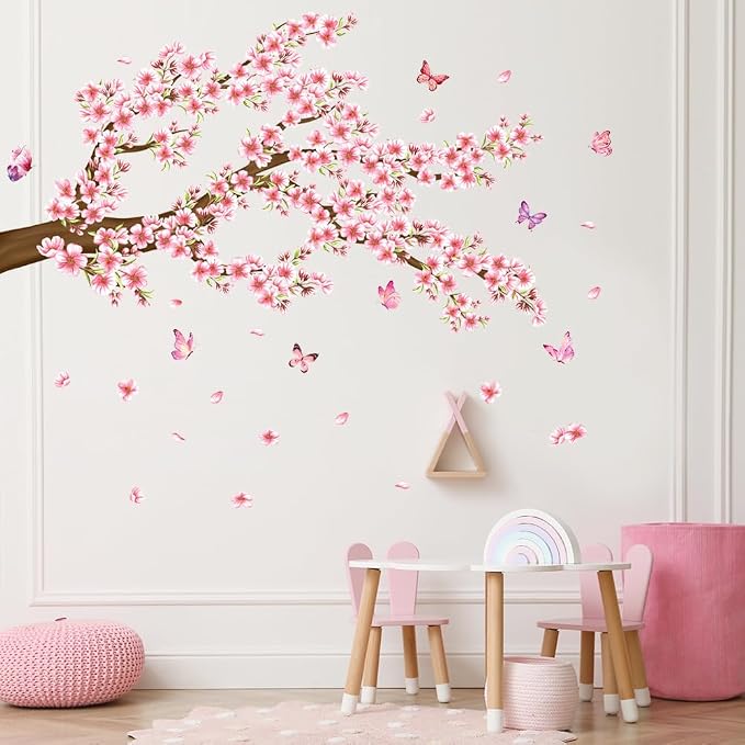 Pink Floral Wall Decal Cherry Blossom Wall Stickers Spring Flower Butterfly Room Decor Peel and Stick Pink Tree Branch Wall Sticker for Bedroom - Image 3
