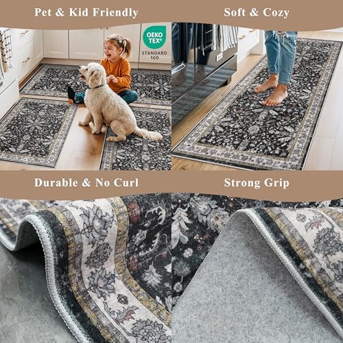 2x10 Hallway Runner Rug Non Slip Washable – Boho Floral Long Floor Carpet Runner for Kitchen Entryway Bedroom Living Room, Soft Low-Pile Thin Area Rug (Black, 2x10) - Image 5