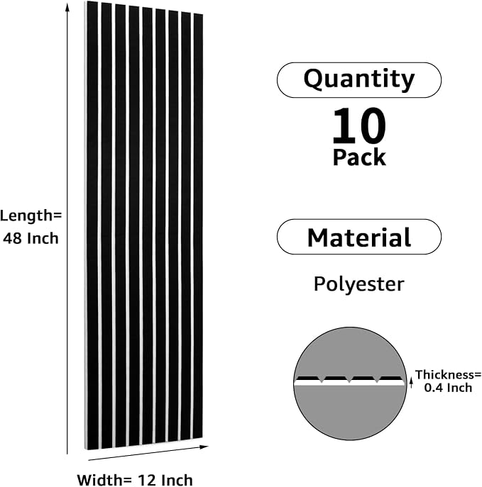 Art3dwallpanels 10 Pack Acoustic Panels, 48" X 12" X 0.43", Black and White | Soundproof Wall Panels, Self Adhesive, High Density Sound Absorbing, Acoustic Treatment for Recording Studio, Office - Image 3