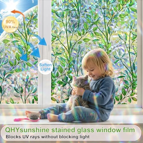 Window Privacy Film Stain Glass Window Film Rainbow Window Film Window clings Non-Adhesive Reusable Decorative for Room (Leaf Rainbow, 23.6 X 78.7 in) - Image 5