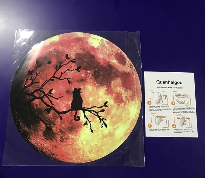 Quanhaigou Glow in The Dark Wall or Ceiling Moon Stickers – Luminous Decal Sticker for Simulated Planet Effect at Night – Red 3D Earth Black Tree Cat - Image 8