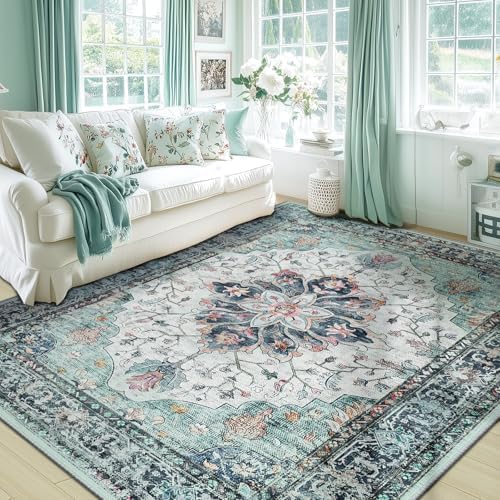 RELEANY Washable Area Rug, 6'x9', Teal Green/White/Navy - Image 2