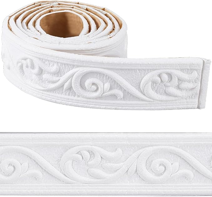 CRASPIRE 88 x 1.96in Crown Molding Peel and Stick Foam White Self Adhesive Flexible Trim 3D Sticky Vintage Decorative Wallpaper Border Wall Edging Baseboard Mirror Border Lines Hotel DIY Decor by CRASPIRE