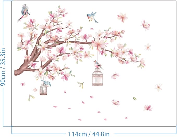Cherry Blossom Flowers Wall Decals Decor Vinyl Stickers, Magnolia Floral Tree Branch Birds Wall Art Murals, Flower Pattern Wall Stickers for Girls Bedroom Living Room Nursery Decor - Image 7
