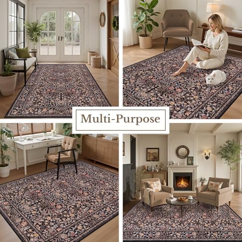 6x9 Area Rug Living Room: Soft Floral Washable Boho Carpet Brown - Image 5