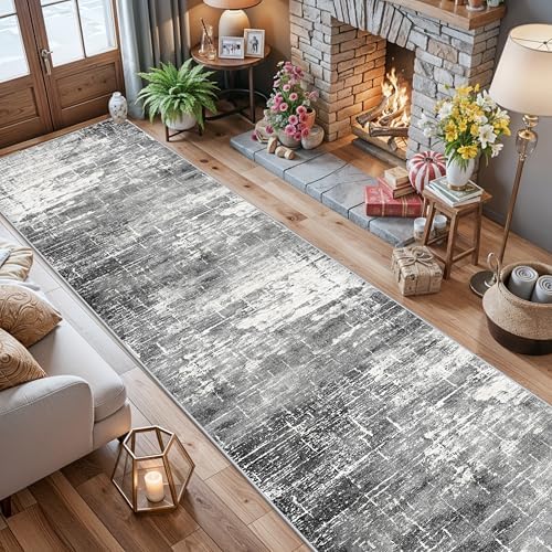 Abstract 14ft Long Runner Rug: Non-Slip Washable Rug Runner Low-Pile Soft Beside Carpet Indoor Farmhouse Entryway Floor Mat Bathroom Living Room Cozy Stain Resistant Area Rugs(2'6x14,Black/Grey) - Image 4