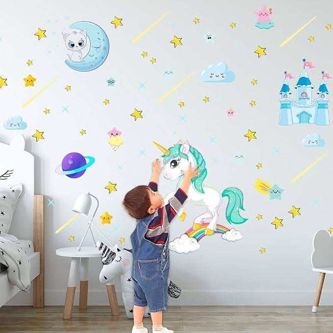Glow in The Dark Unicorn Stickers, 206 pcs Cats and Moon Wall Decals, Glowing Castle Clouds Ceiling Decor for Kids Bedroom, Stars and Rainbow Wall Decor for Girls and Boys Gift - Image 8