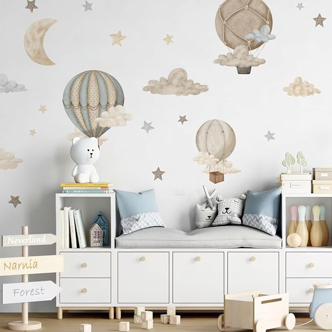 Watercolor Hot Air Balloon Fabric wall Sticker Peel and Stick Stars Clouds Decals for Baby Nursery Kids Bedroom Playroom Decor - Image 8