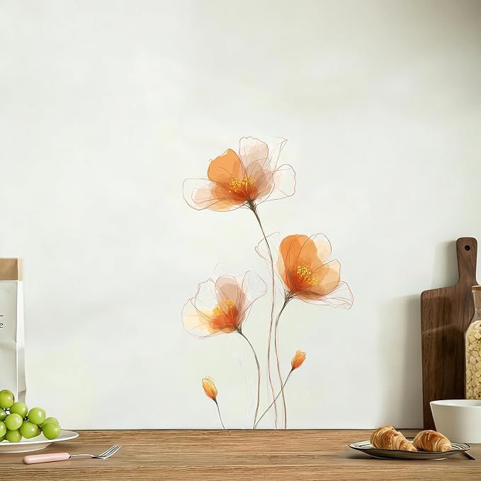 ANNA QUEEN Minimalist Orange Flower Wall Decals Peel and Stick Modern Floral Wall Stickers Removable Vinyl Botanical Wall Decor for Living Room Bedroom Hallway Elegant Wall Art - Image 3