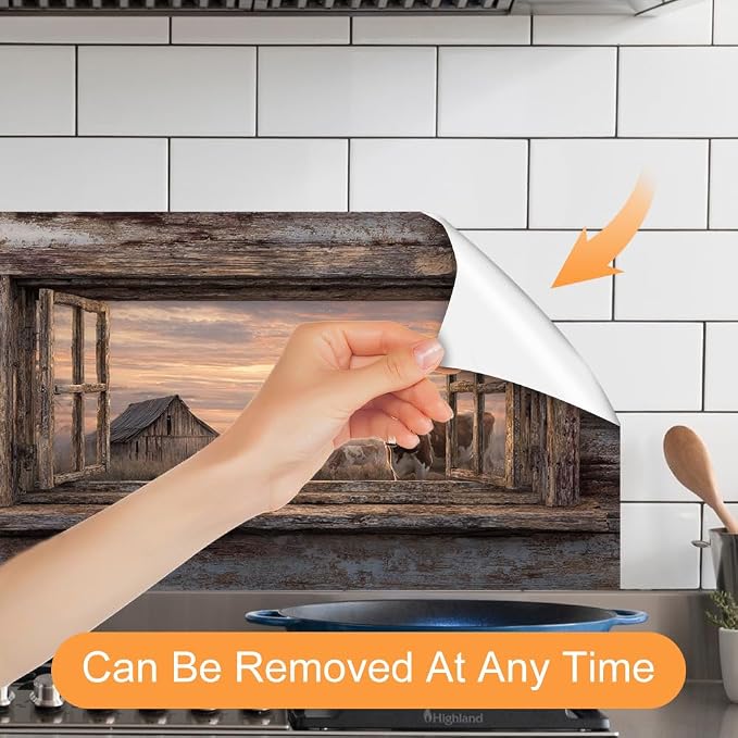 Farmhouse Cow Barn Kitchen Backsplash Peel and Stick, 30x16 in | Rustic wood frame window view of cows and barn at golden sunset; flat 2D waterproof peel and stick; wipe clean; 30x16 in - Image 3