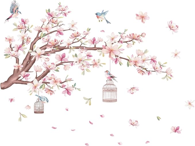Cherry Blossom Flowers Wall Decals Decor Vinyl Stickers, Magnolia Floral Tree Branch Birds Wall Art Murals, Flower Pattern Wall Stickers for Girls Bedroom Living Room Nursery Decor - Image 8