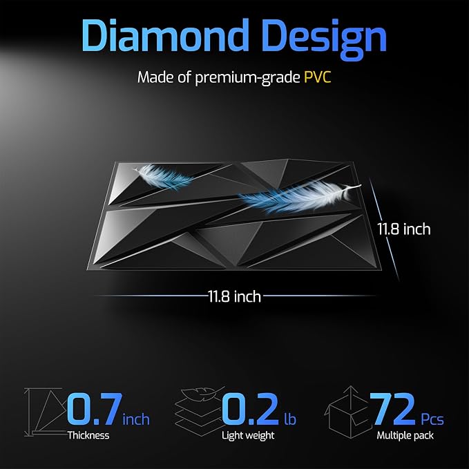 3D Wall Panels Black 72 Pack (Covers 70 Sq.Ft), 12" x 12" Diamond Texture Premium PVC Wall Tiles for Interior Decor, Waterproof & Paintable Accent Paneling for Gaming Room, Living Room - Image 3