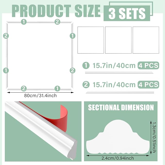 Colingmill Accent Wall Molding Kit Premade Panel,3set,31.4x31.4in | Wainscoting Panels, Peel and Stick, Wall Moulding, 3D, White, Pre Cut Picture Frame Trim, for Walls Home Decoration - Image 2