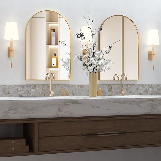 Wall Mounted Mirror, Arched Wall Mirror for Bathroom, 20"x30" Arch Bathroom Mirror with Metal Frame, 2 Piece Gold Vanity Mirror Decor for Bedroom, Entryway, Living Room by NEUWEABY