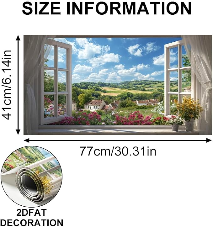 Countryside Village Kitchen Backsplash Peel and Stick, 30x16 in | French window view of flower meadow, rolling hills and village; flat 2D waterproof peel and stick; wipe clean; 30x16 in - Image 6