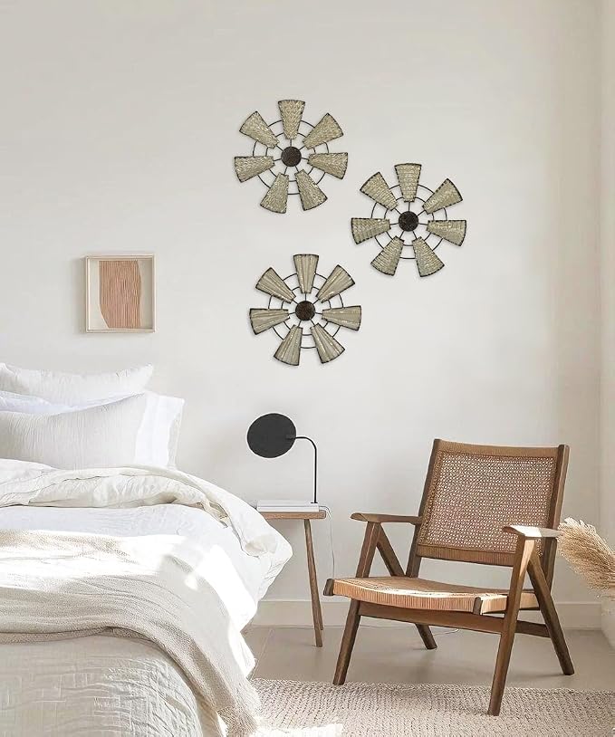 Briful 12" Wall Décor Pack of 3 Metal White & Black Windmill Radial Plate Wall Art Modern Accent Hanging Wall Decorations For Home Office Living Room Wall Sculptures - Image 5