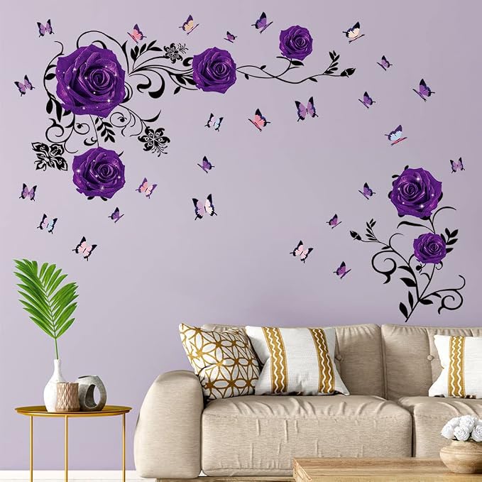 Supzone Purple Rose Wall Stickers Rose Flower Vine Wall Decal Purple Peony Floral Wall Decor DIY Vinyl Mural Art for Bedroom Living Room Sofa Backdrop - Image 5
