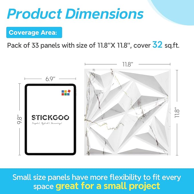 STICKGOO Diamond 3D Wall Panels, White Marble 12''x12'', 33 Pack | Accent Wall Panels for Interior Wall Decor, Living Room, Bedroom, TV Background, Office,Cover 32 Sq.Ft - Image 6