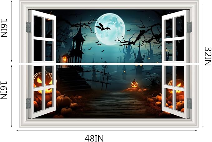 Halloween Decorations Decal Scary Fake Window Halloween Party Decor Sticker | ｜Full Moon Night View Terror Castle Pumpkin Bat Spooky Wall Art Poster Mural ｜ Peel and Stick Decals｜48"x32",Set of 2 Sheets - Image 2