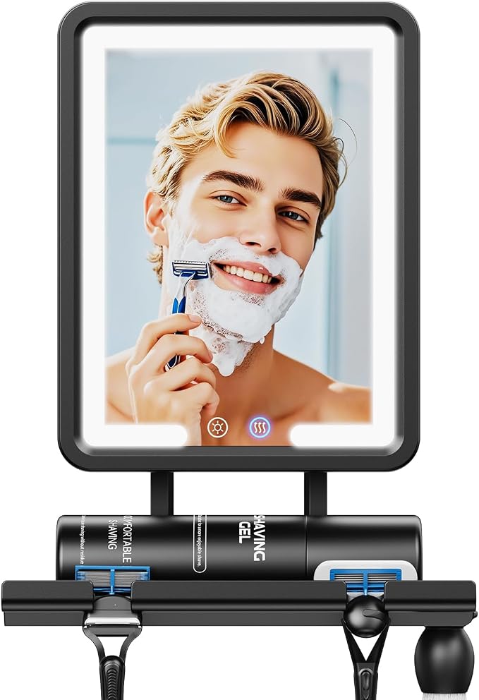 Heated Shower Mirror Fogless for Shaving (Gen 3) - 3 Colors Stepless Dimmable Lights, Anti-Fog Shaving Mirror with Razor Holder, No-Drilling, Removable - Black by Unknown