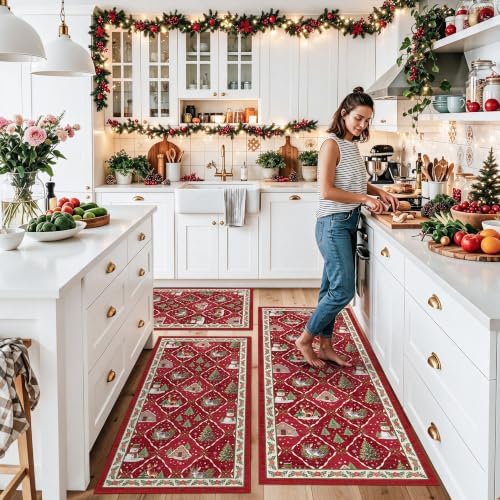 3-Piece Plaid Christmas Decorations Kitchen Rugs Set: Washable Non-Slip Kitchen Mat for Floor Soft Low Pile Modern Runner Rug for Sink Floor Mats ＆Indoor, Hallway, Entryway, (Red/Green) - Image 3