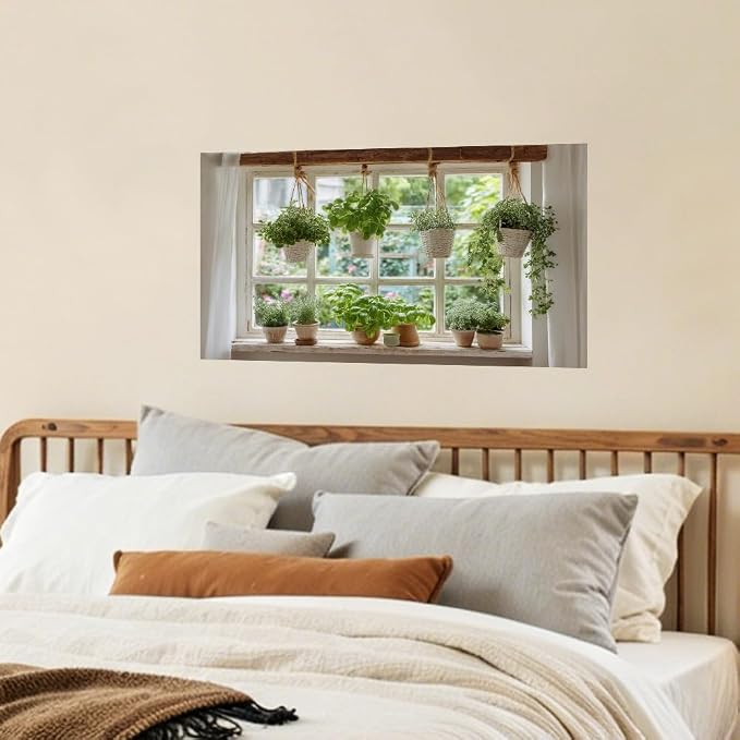 Herb Garden Kitchen Backsplash Peel and Stick, 30x16 in | Farmhouse window with hanging herb baskets and terracotta pots; flat 2D waterproof peel and stick; wipe clean; 30x16 in - Image 7