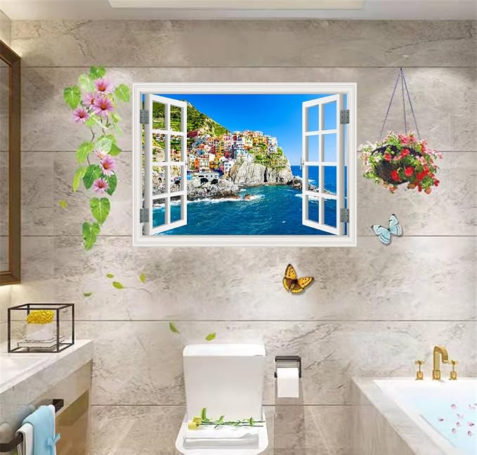 Self-Adhesive Wall Sticker Romantic Living Room Bedroom Study Office Decorative Wall Sticker Ocean Scenery Fake Window Sticker Mural (sea City, 32"×48") - Image 6