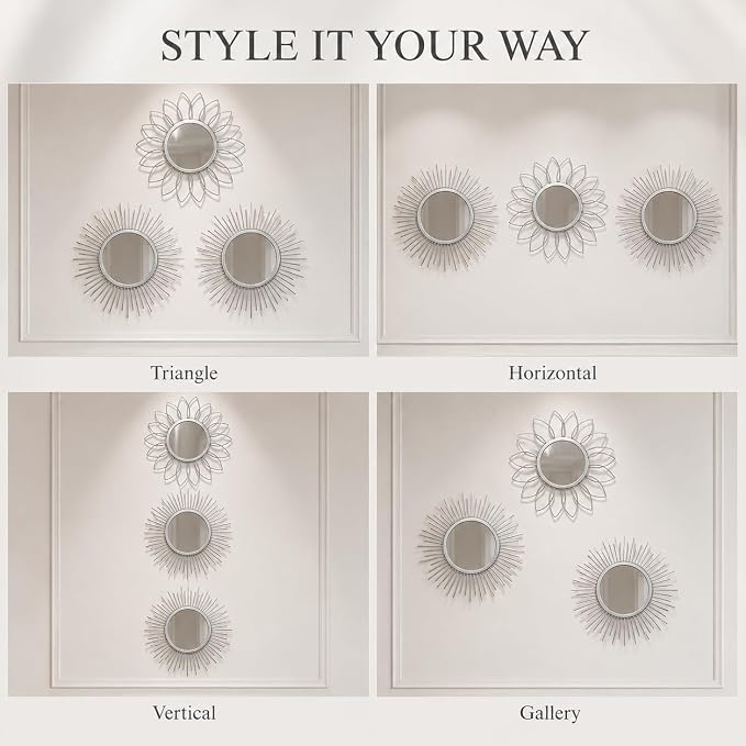 Silver Sunburst Mirror 14x14 Inch, Decorative Wall Accent with Metal Frame, Small Sun Mirror for Living Room, Bedroom, Entryway, Hallway, Boho Modern Home Decor - Image 5