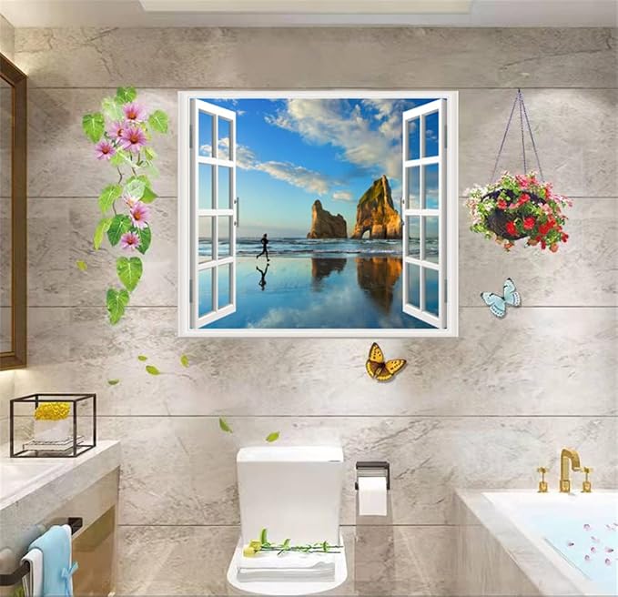Self-Adhesive Wall Sticker Romantic Living Room Bedroom Study Office Decorative Wall Sticker Ocean Scenery Fake Window Sticker Mural (17.3"×27.6", Early Morning Beach) - Image 2