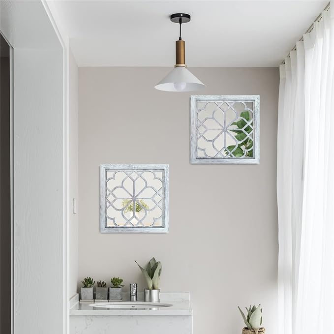 Wocred 2 PCS Square Wall Mirror,Gorgeous Rustic Farmhouse Accent,Rustic White Color Entry for Bathroom Renovation,Bedrooms,Living Rooms and More(12”x12”) - Image 3