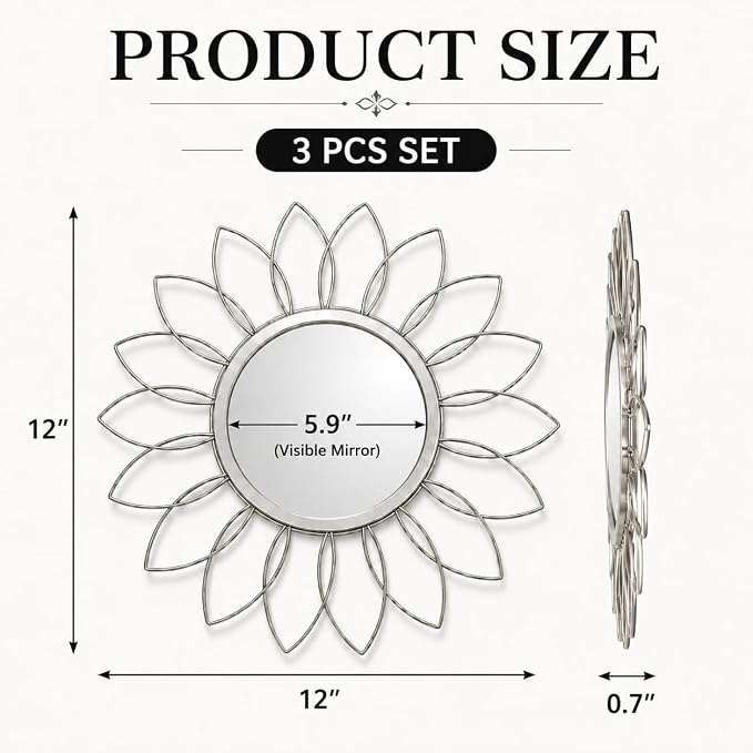 Silver Flower Mirror Set of 3, 3PCS Metal Round Decorative Wall Mirrors, Floral Petal Accent Mirror Wall Decor for Bathroom, Living Room, Bedroom & Entryway - Image 2