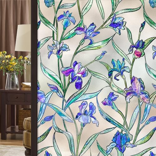 Stained Glass Window Film,3D Violet Floral Privacy Static Cling,23.6x78.7 by WindimileyDecor