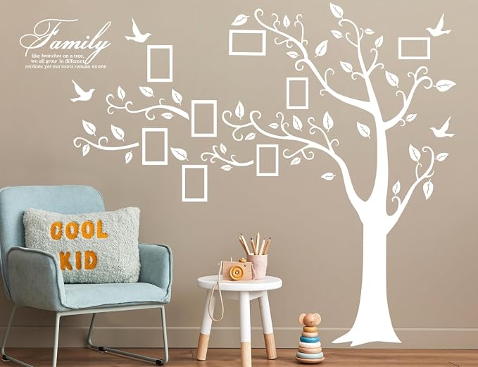 Large Family Photo Tree Wall Sticker 3D Peel and Stick Vinyl Photo Frame Tree Wall Decals Removable Quotes Leaf and Birds Wall Decor for Home Kids Bedroom Living Room Classroom Nursery L White - Image 3