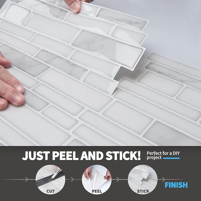 Art3d Stone Peel and Stick Backsplash, 10-Sheet, 12" x 12", White Marble | Lightweight, Self Adhesive, Moisture Resistant, Easy to DIY, Modern Style, for Kitchen, Bedroom, Ideal for New Home Buyers - Image 7
