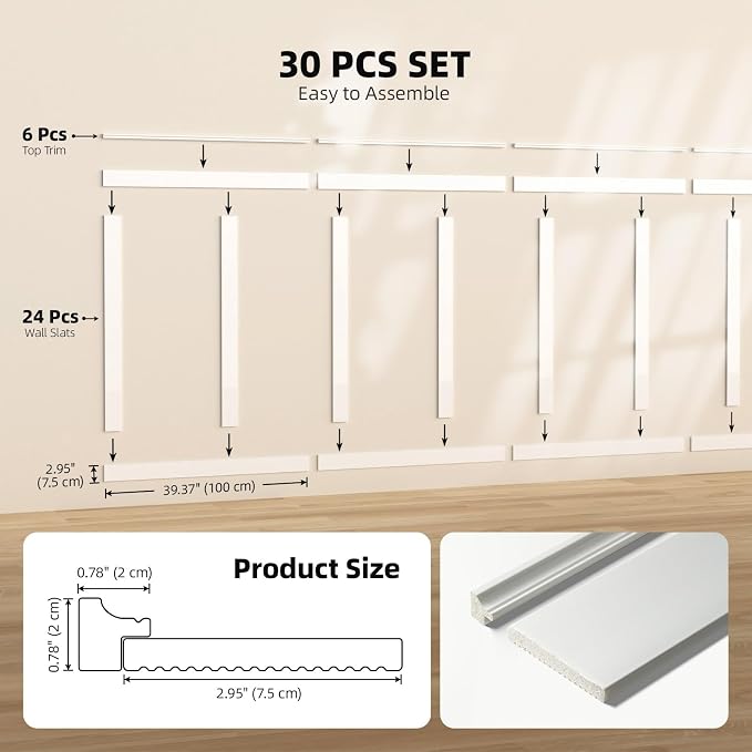 WADILE Premade Board and Batten Wall Panel Kit | Paintable PS Wall Moulding Kit, 24 Slats, 6 Decorative Edge Trims, Decorative Wall Panels, Living Room Bedroom Hallway - Image 6