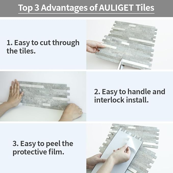 AULIGET 20 Sheets Mountain Rock Peel and Stick Backsplash, PVC Mixed Metal Gold Wall Tile Stick on Backsplash for Kitchen and Bathroom - Image 7