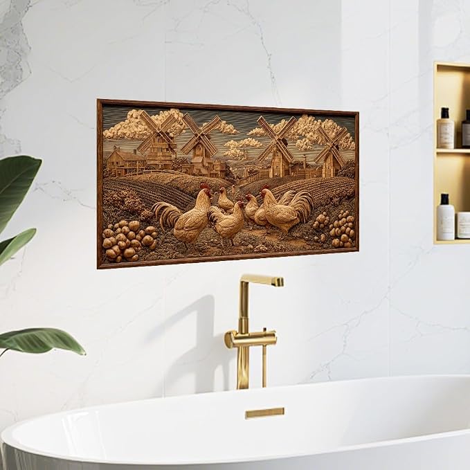 Rooster Windmill Kitchen Backsplash Peel and Stick, 30x16 in | Faux wood-carved rooster and windmill farmscape on warm walnut tones; flat 2D waterproof peel and stick; wipe clean; 30x16 in - Image 8