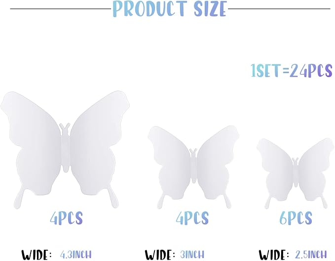 BBTO 48 Pcs 3D Butterfly Mirror Wall Decor,White | Butterfly Stickers,3 Sizes,for Birthday Party Cake,Room Nursery Bathroom Wall Decor,Removable Peel Stick,Reflective - Image 3