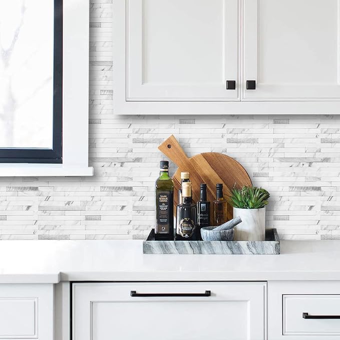 AULIGET 40 Sheets Faux Stone Peel and Stick Backsplash, White Marble Look PVC Wall Tiles Stick on Backsplash for Kitchen - Image 2