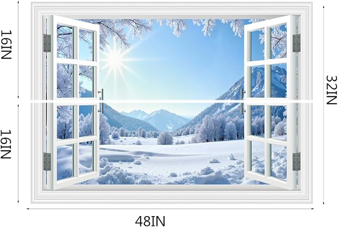 Fake Window Wall Decal- Winter Sunshine Snow Mountains Open Wall Sticker | Faux Window Conifer Forest Snowfield Landscape Mural｜Stick and Peel Wall Decals｜for Home Scene Decor｜48"x32",Set of 2 Sheets - Image 4