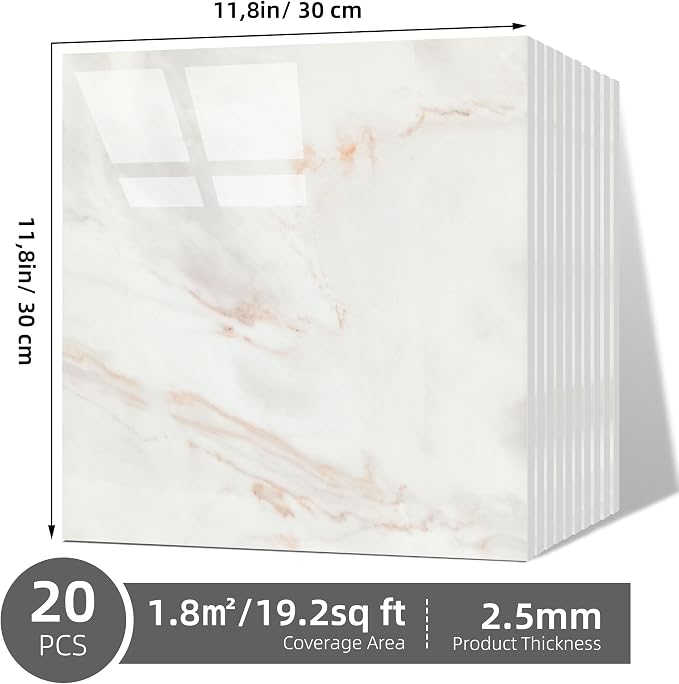 Vieshful 20pcs Peel and Stick Backsplash Tile，12"x12" Self Adhesive Marble Tile for Wall, PVC Waterproof Shower Wall Panels, Back Splash Stick on Tiles for Kitchen Bathroom Living Room - Image 4