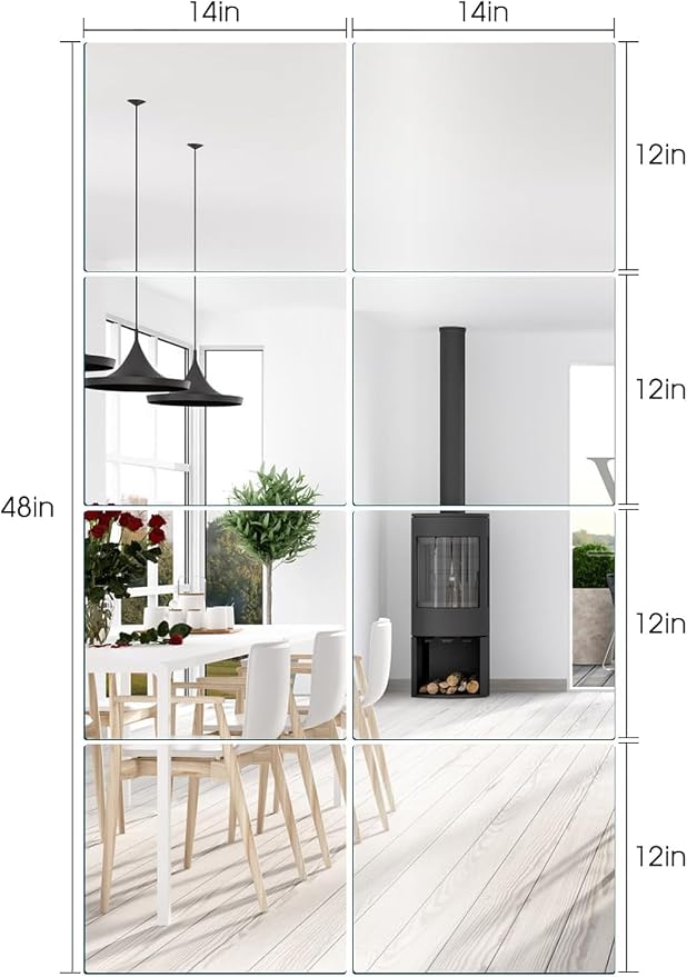 JAMBALAY Home Gym Mirrors for Gym, 8Pcs 12″×14″ HD Glass Full Length Wall Mirror Tiles, Self Adhesive Frameless Wall Mirror for Bedroom, Living Room, Over The Door - Image 4