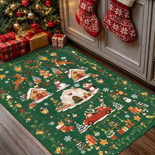 Christmas 2x3 Entryway Area Rug - Non Slip Washable Winter Green Doormat Indoor Soft Low Pile Decorative Floor Mat for Kitchen Bathroom Living Room Bedroom Holiday Home Decor Gift（2x3，Green ） - Image 4