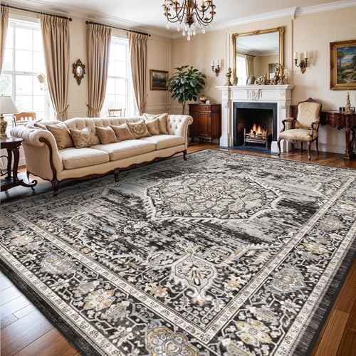 Washable Rugs 10x14 Area Rug: Large Rugs for Living Room - Oriential Distressed Printed Floral Carpet - Non Slip with Rubber Backing Area Rug 10'x14' Black by YOUFORTONG