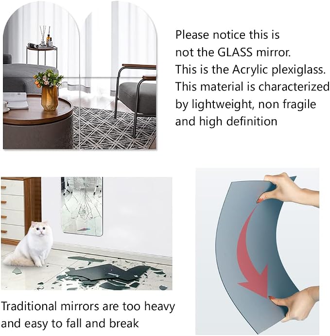 Full Body Length Mirrors for Walls, 12x12" 4pcs Acrylic Plexiglass Mirror Wall-Mounted Stick On Frameless Square Makeup Large Long Mirror Home Workout Gym Hallway Mirror Dorm Floor Tile Self Adhesive - Image 4