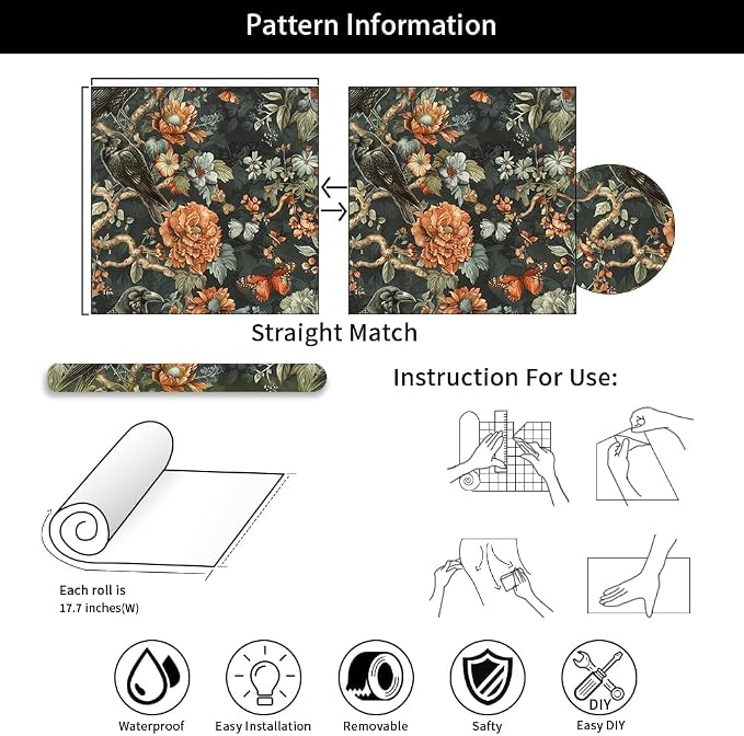 18"x236" Gothic Dark Vintage Flower Birds Peel and Stick Self Adhesive Wallpaper Removable Contact Paper Stick on Easy Peel Off Wall Paper for Kitchen Bedroom Bathroom Renter - Image 6