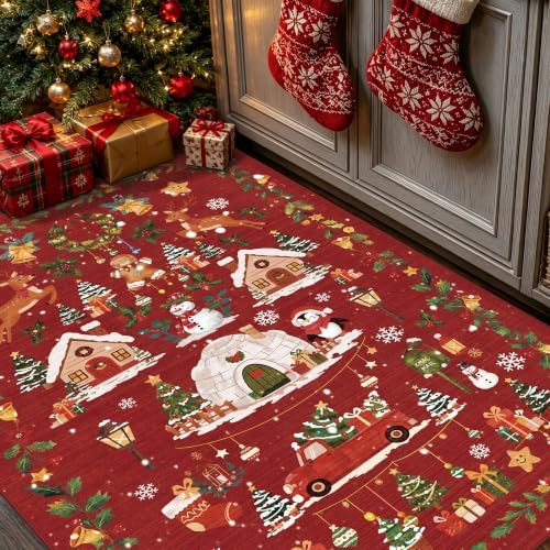 Washable Christmas Rug Runner 3x4: Non Slip Small Area Rug for Entryway Nursery Soft Low Pile Office Carpet Santa Claus Holiday Decor Throw Rug for Living Dining Room Bedroom Cute Home Decor（3x4，Red） - Image 4