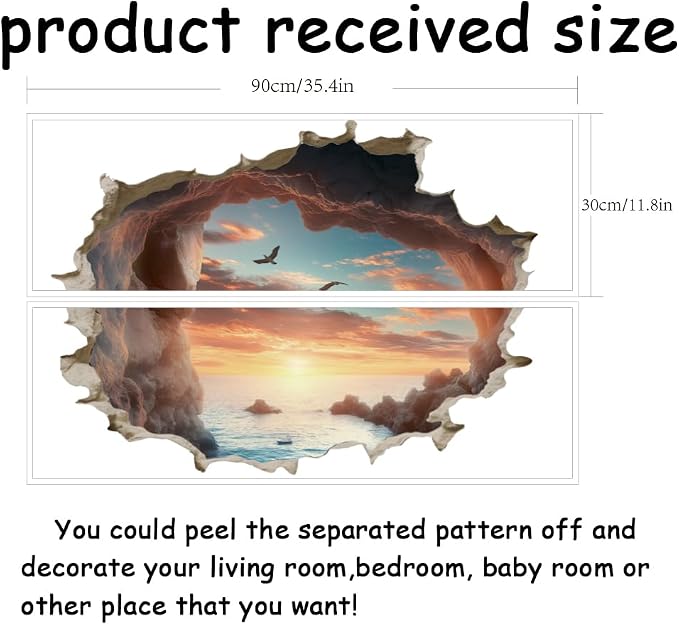 SUPERDANT 3D Ocean View Cave Wall Sticker Break Through Wall Decal Peel and Stick Seascape Large Size Vinyl Art Mural for Home Bedroom Living Room Bathroom Decoration Gifts - Image 2